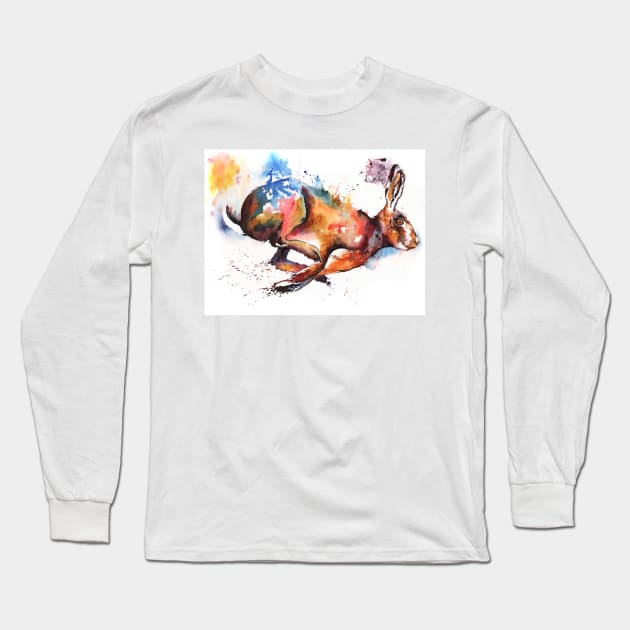 Splash and Dash running hare painting Long Sleeve T-Shirt by Mightyfineart